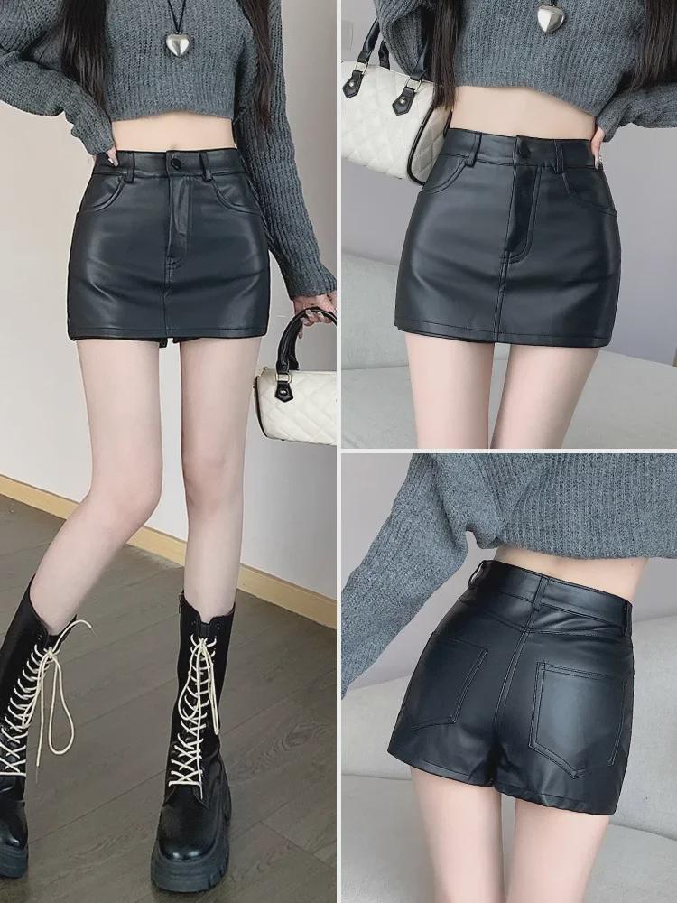 Black A-Line High Waist PU Leather Shorts Skirt for Women - Autumn/Winter 2023 Collection.