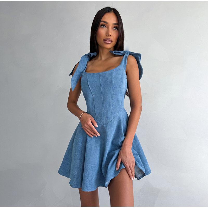 

Женское платье с квадратным вырезом, шнуровкой, косточками на талии, повседневное, приталенное, на бретелях с бантом-бабочкой на плечах, синее, летнее, новый стиль, с утяжкой талии, короткое L синий