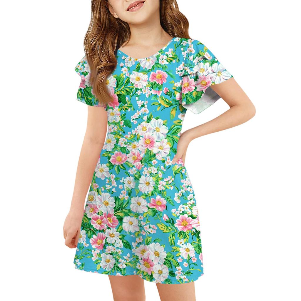 Girls' Ruffle Sleeve Dress - Round Neck Printed Sundress