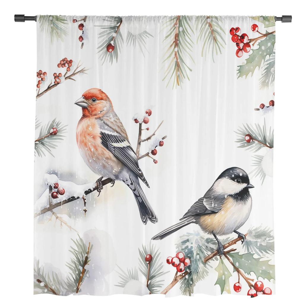 Christmas Robin Berries Pine Needles Sheer Curtains for Living Room Decoration Window Curtains Kitchen Tulle Voile Curtains