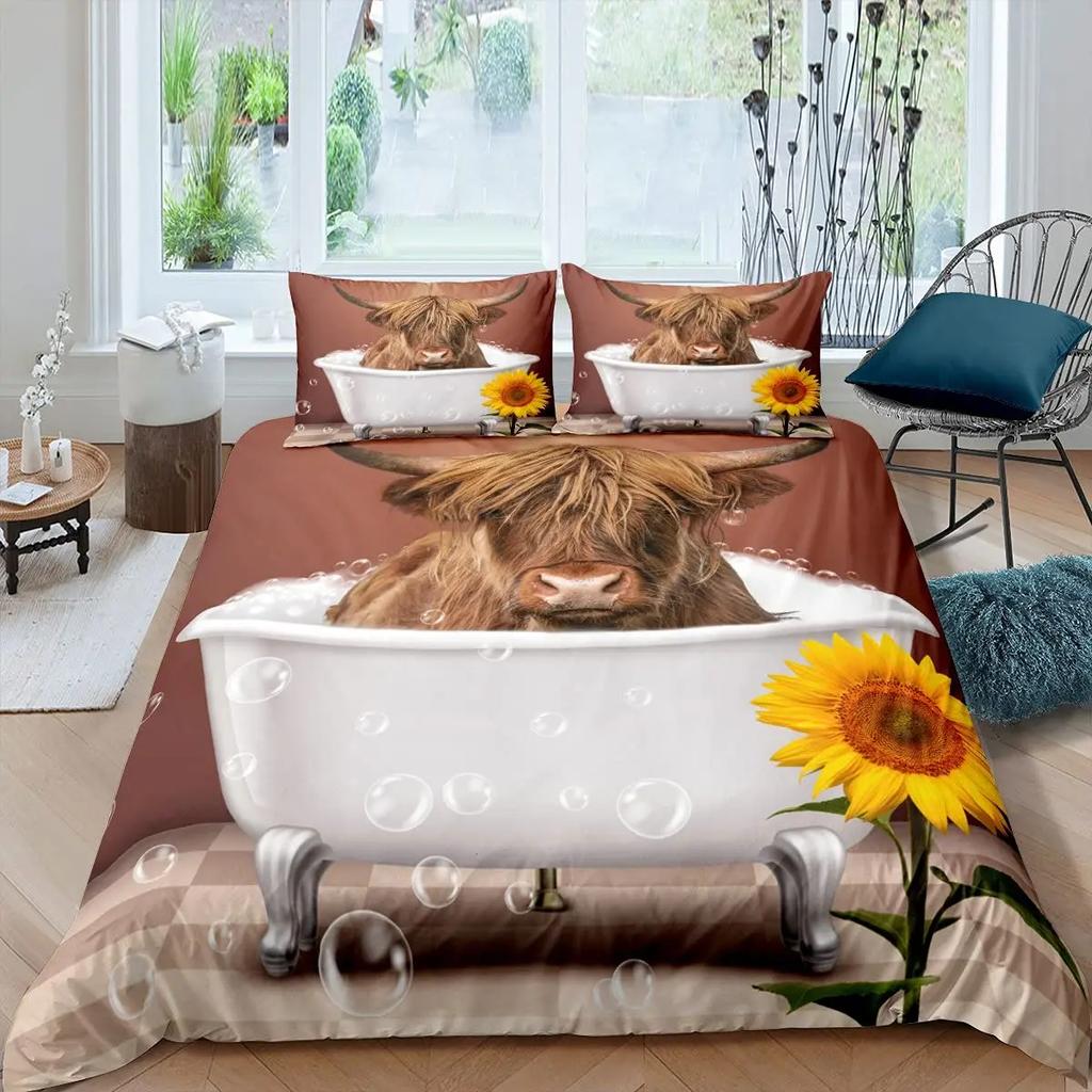 Cartoon Highland Cow Duvet Cover Set Western Animal Bedding Set 3D Ocean Bull Cattle Comforter Cover Floral Branches Quilt Cover