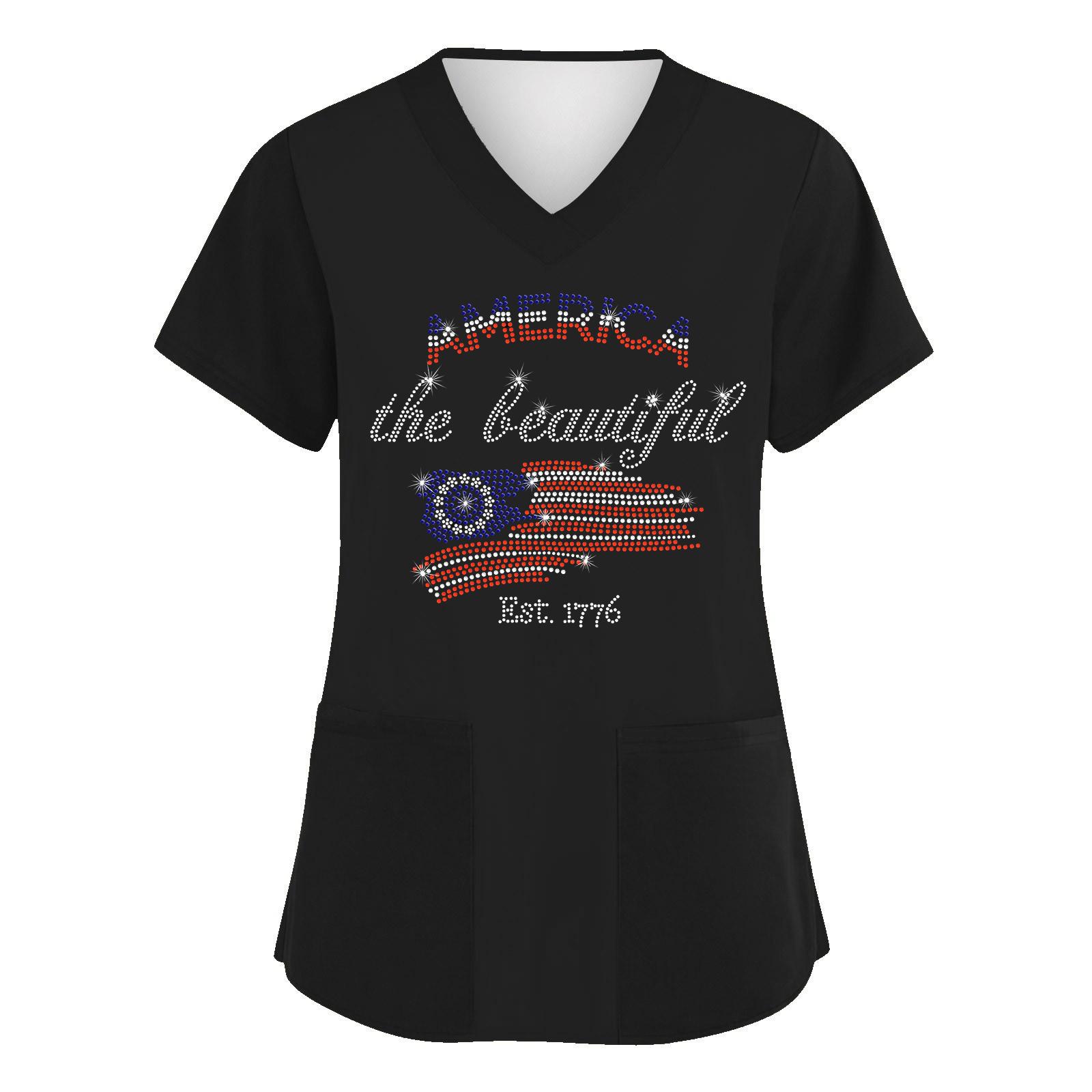 

Women V Neck Short Sleeve Top with Printed Front Graphic and Two Front Pockets Casual Loose Fit Blouse Shirt L чёрный