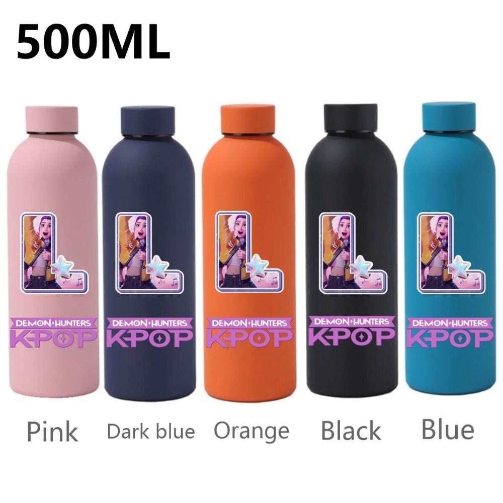 500ML KPop Demon Hunters Sport Leak Proof Stainless Steel Insulated Mug Water Cup Letter Number Cartoon Print Birthday Gifts