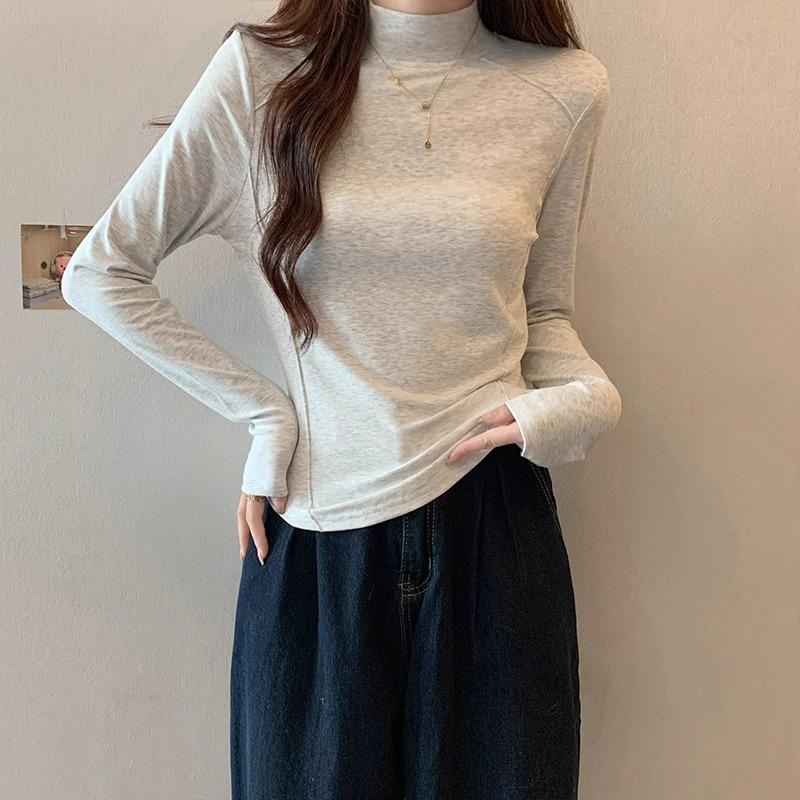Long-sleeved bottoming shirt, T-shirt for women, half turtleneck, fishbone waist, layered inner layer, autumn and winter velvet warm top