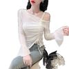 Pleated Lace Shirt with Straps and Slanted Shoulders for Women's Spring and Autumn New Design Sense, Flared Sleeves, Slim Fit, Chic Niche Top