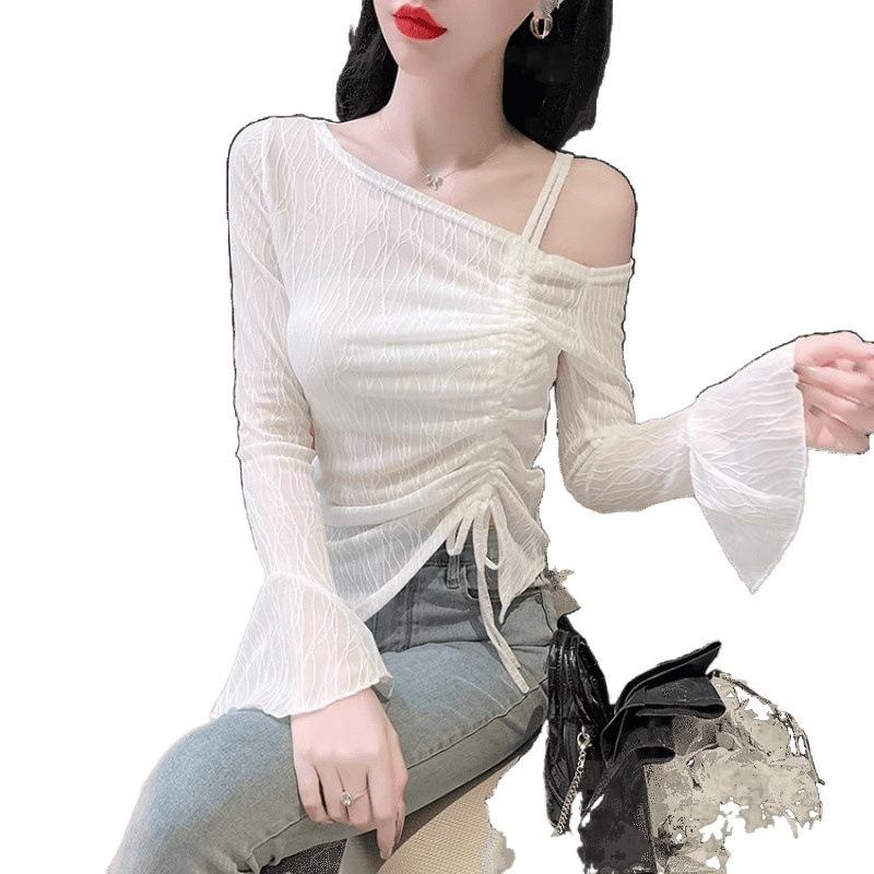 Pleated Lace Shirt with Straps and Slanted Shoulders for Women's Spring and Autumn New Design Sense, Flared Sleeves, Slim Fit, Chic Niche Top