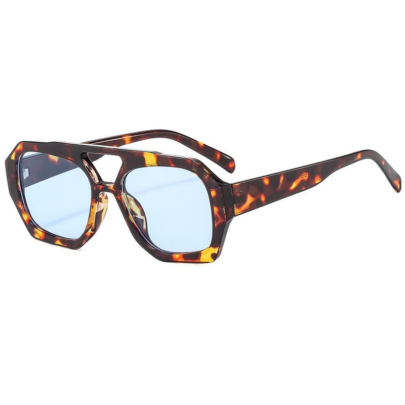 Vintage Double Bridges Sunglasses Women Men Thick Frame Eyewear Female Fashion Polygon Sun Glasses Leopard Blue UV400 Glasses