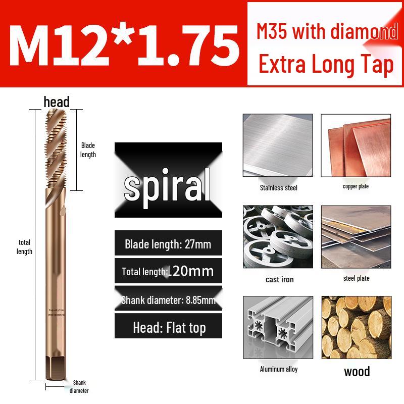Titanium Coated Cobalt Straight Flute Extra Long Tap for Stainless Steel, Sizes M3-M8