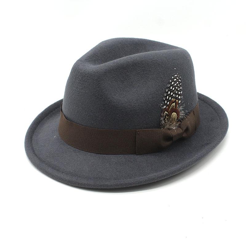 Herren Dicker Woll-Fedora-Hut mit Federbesatz Europäischer Stil
