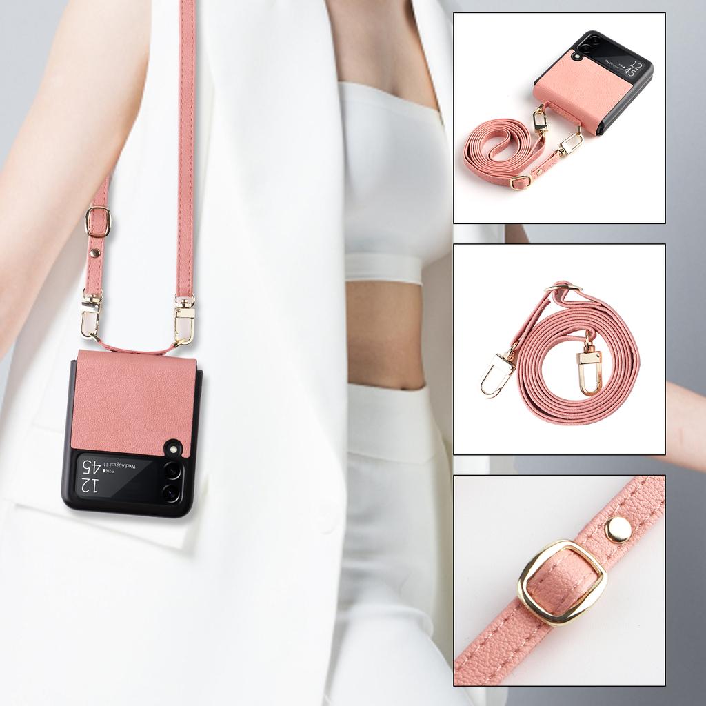 Fall Protection Phone Strap Leather Wallet Case For Samsung Galaxy Z Flip 4 5g Flip3 Flip4 Flip 3 Non -Fingerprint Folding Cover