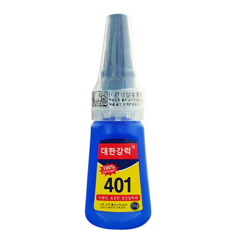 Korean Style 401 Strong Bonding Super Glue, Low Whitening, Oil-Based, 20g - Ideal for Iron Shoe Repairs, Metal, Plastic, and Ornament Use.