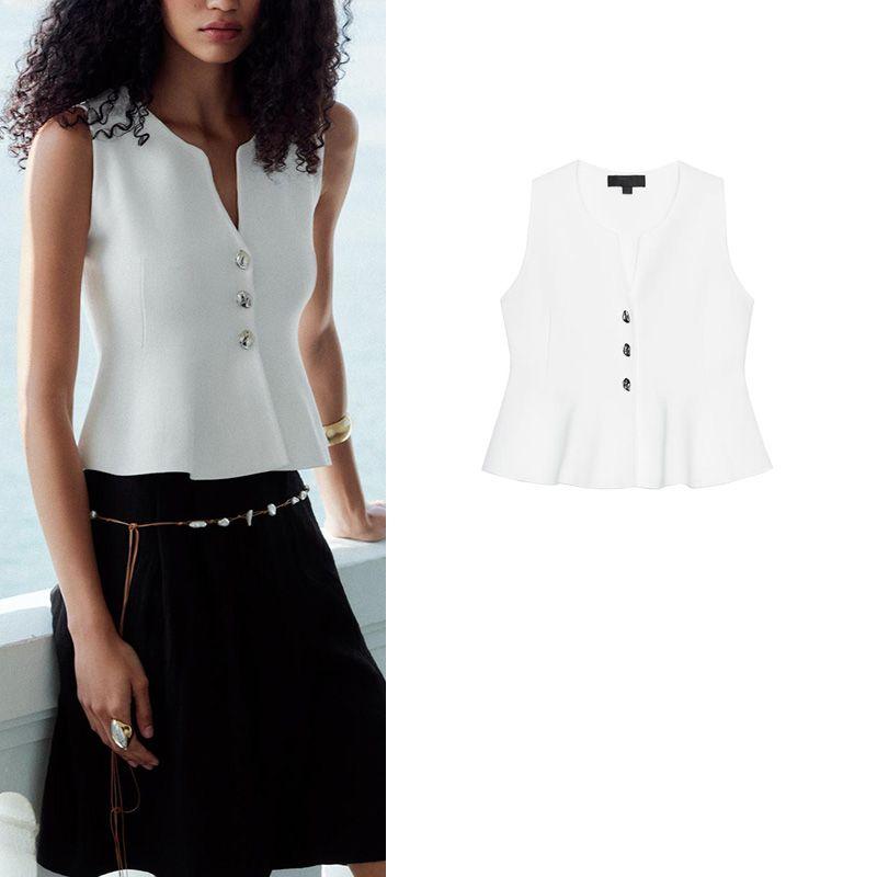 Summer New Product Women's Clothes Decorated Row Button Cropped Short Skirt Hem round Neck Simple Knitting Tops 5536075