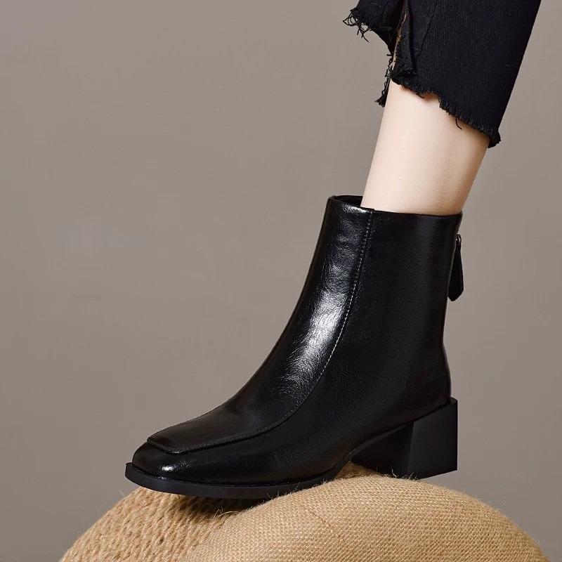 Soft Leather Boots Women's New Autumn and Winter Round Head Thin Boots Square Heel Soft Leather Boots Fashion Boots Women