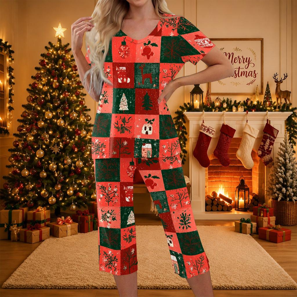 Women's Casual Christmas Print Two-Piece Outfit with Short Sleeve Top and Pants