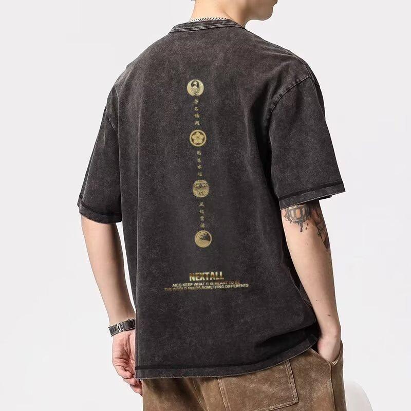 

Новый принт Tide Старая выстиранная футболка с коротким рукавом Мужская Летняя Инс Тренд Свободные Повседневные Топы 5XL серый