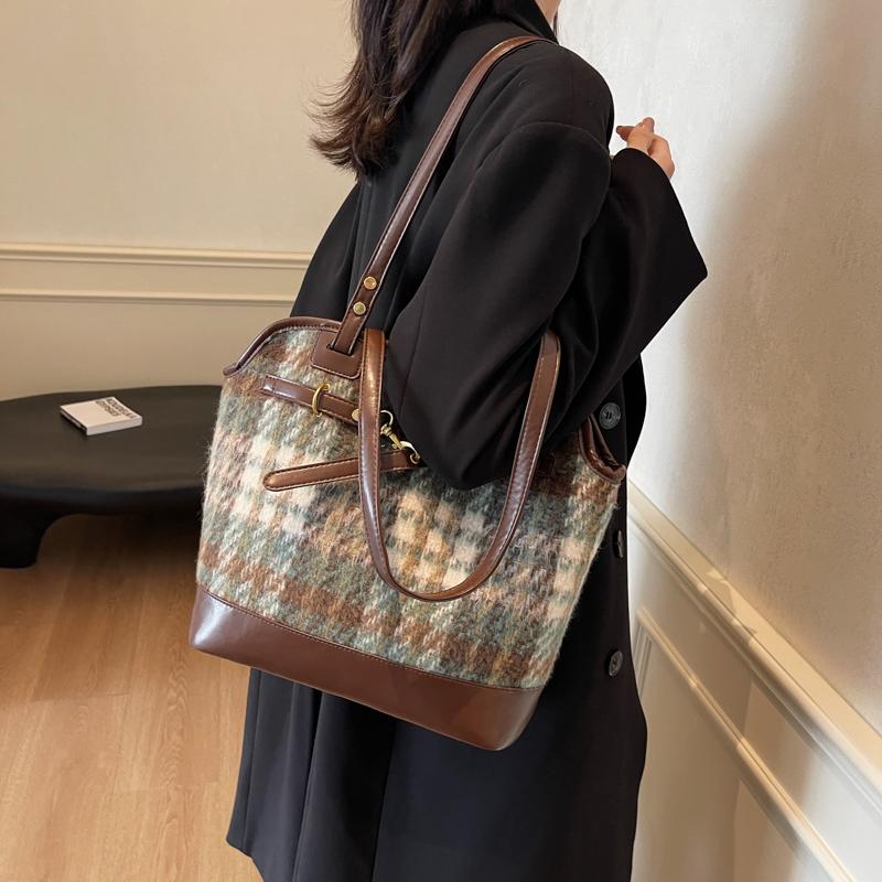Karierte Einkaufstasche mit großer Kapazität, Umhängetasche für Damen, Vintage-Rucksack