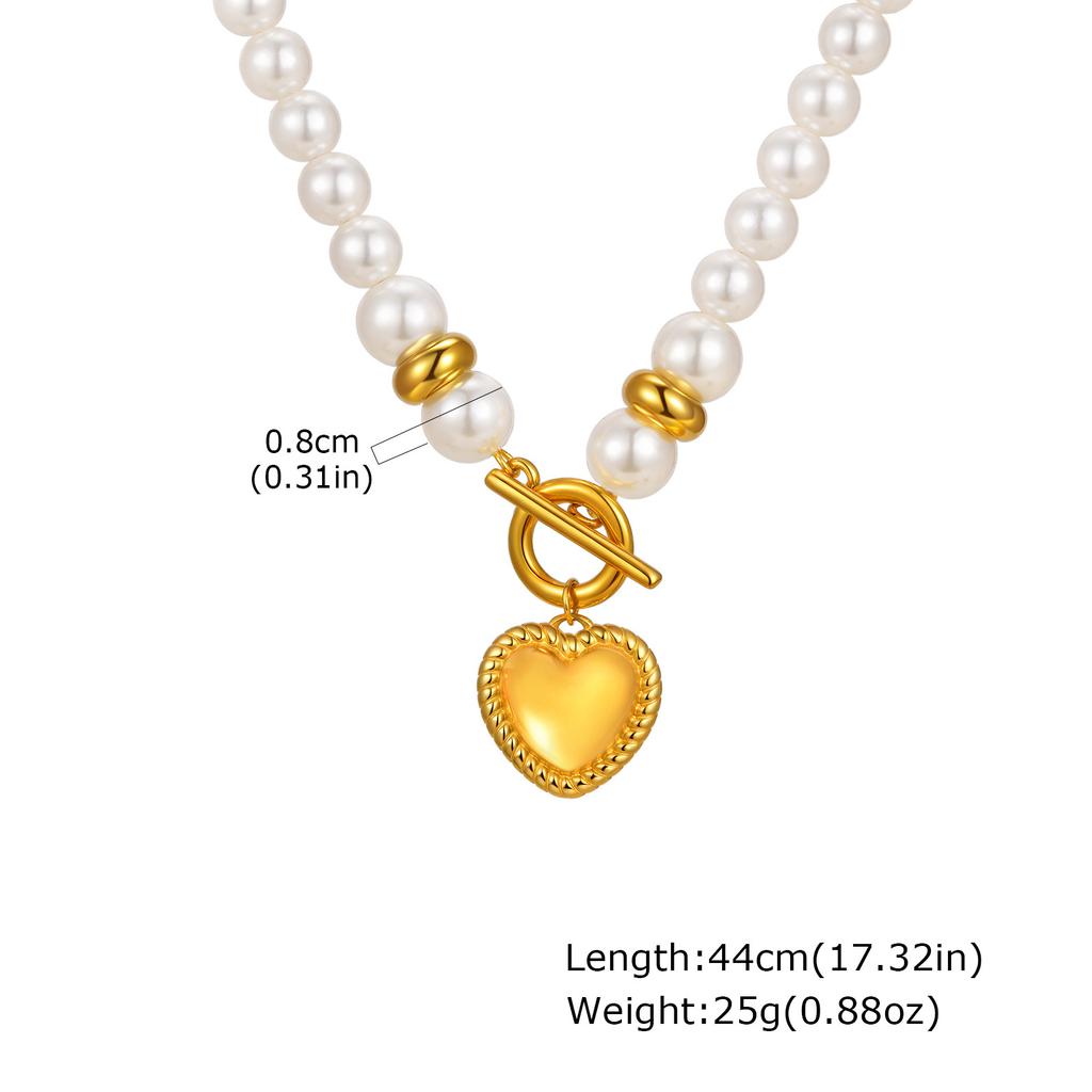 Stainless Steel Embossed Heart-Shaped Imitation Pearl Beaded Ot Buckle Necklace Plated With 18K Gold, Jewelry Nc-2136G