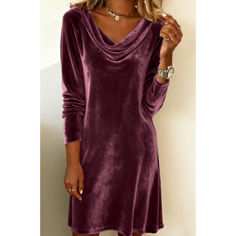 JPNTKY Fashion Autumn Winter Solid Color Print  U-Neck Long Sleeve Casual Dresses