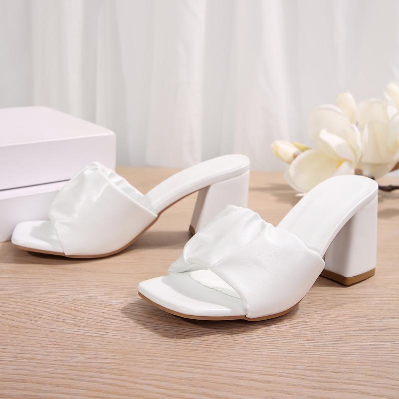Fashion Concise Square Toe Slippers Women 2025 Summer Square High Heels Wrinkled Decoration Slides Women Slip On Plus Size Daily Shoes