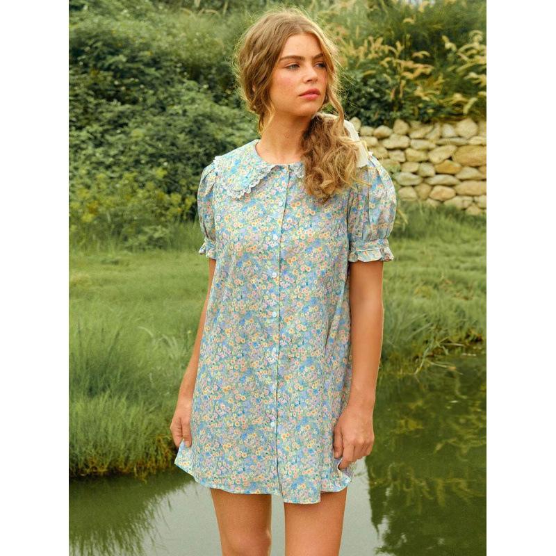 Europe, America 2026 summer new age-reducing doll collar bubble sleeve ruffle edge floral dress