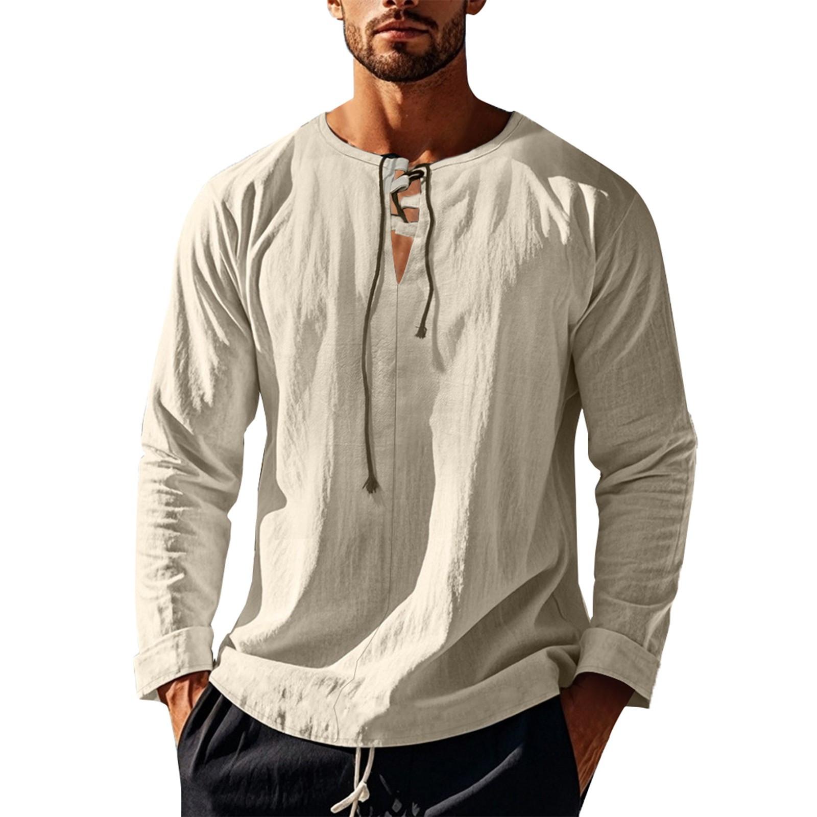 

Мужская свободная бандажная футболка с V-образным вырезом и длинным рукавом, мужская однотонная пляжная рубашка из хлопка и льна XXXL хаки