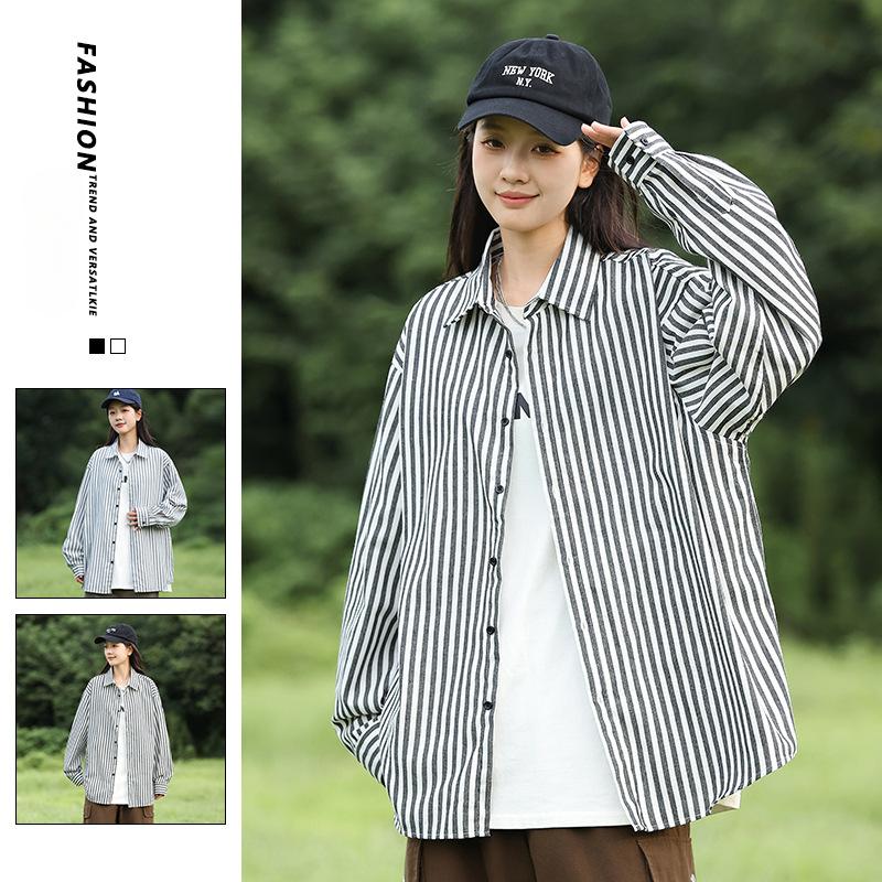 Striped long-sleeved shirt for men and women new fall trend loose version of Hong Kong style casual coat young men's coat
