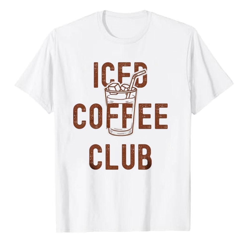 Vintage Funny Iced Coffee Club Graphic Tee Crew Neck Short Sleeve Relaxed with Straw Ice Cubes Text Design High Quality Cotton