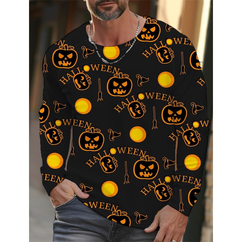 Autumn and Winter Men's Long Sleeve Halloween 3D Printed Pumpkin Print T-Shirt Men's Streetwear Round Neck Long Sleeve