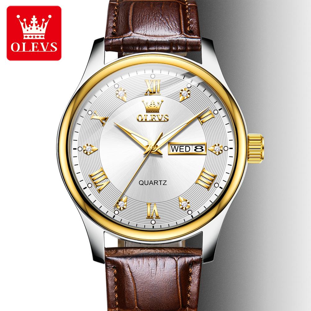 OLEVS 3649 Fashion Sports Leather Calendar Luminous Classics Waterproof Quartz Watch for Man