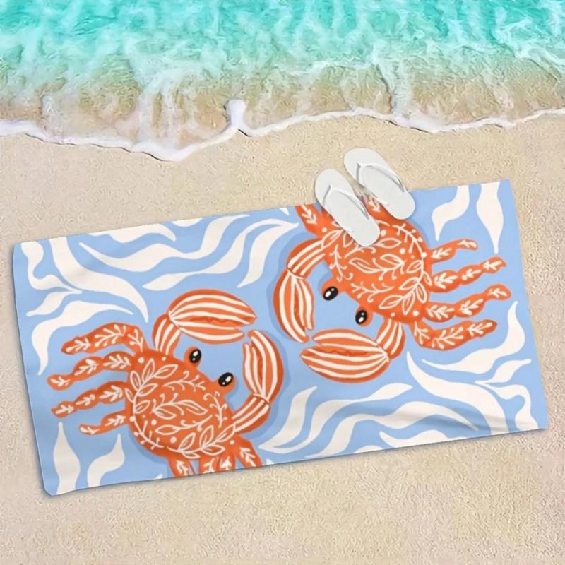 Cartoon Orange Crab Wave Beach Towel Ocean Animal Print Quick Dry Summer Swimming Towel