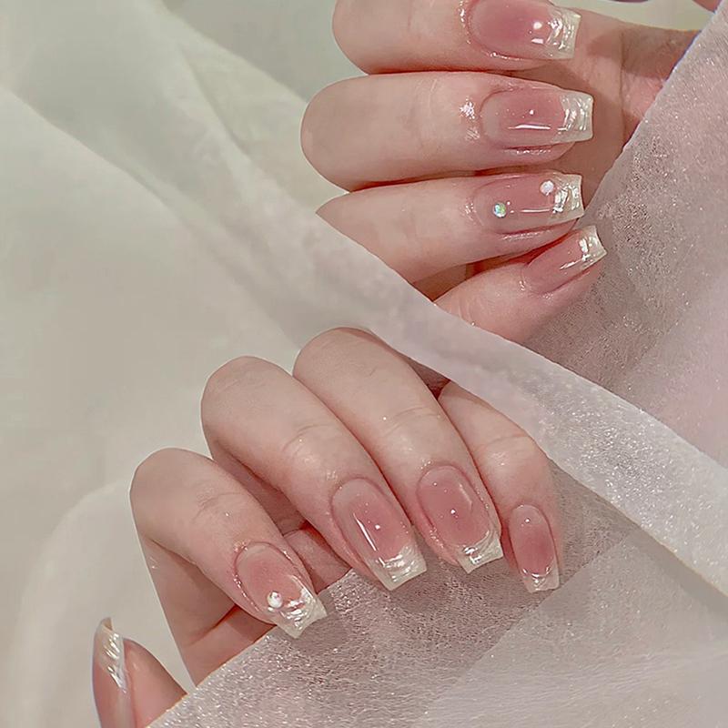 24Pcs Simple Fake Nail With Jelly Glue Butterfly Design Pink White Gradient French Press On False Nails Full Cover Nail Tips