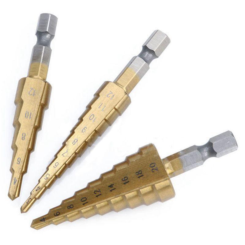 A84E-9 Pcs High-Speed Steel Step Drill Bit Set Power Tools Cone Titanium Coated Metal Hole Cutter 1/4 Inch Hex Shank