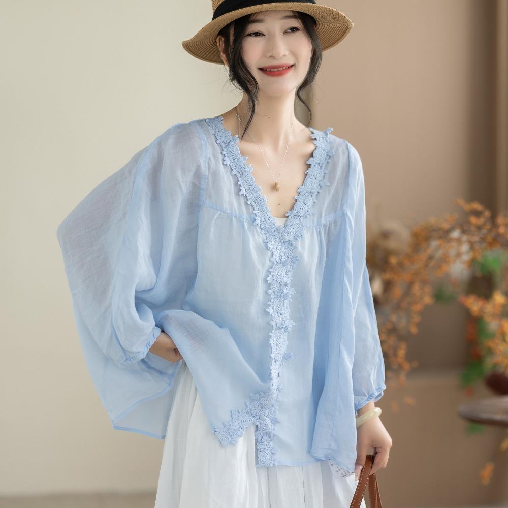 DIMANAF 2026 Summer Women Plus Size New Blouse Shirt Cotton Lace Embroidery Casual Loose Fashion Lady Tops Tees Batwing Sleeves
