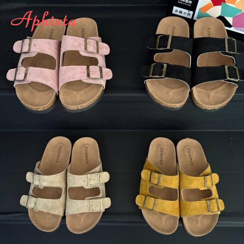 Aphixta Cork Clogs Slippers For Women Classic Suede Summer Sandals Outdoor Beach Shoes With Adjustable Metal Buckle