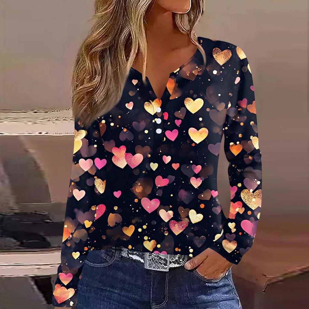Women's T Shirt Tee Valentine's Day Printed Button Long Sleeve Tunic Daily Weekend Fashion Basic V- Neck Regular Top