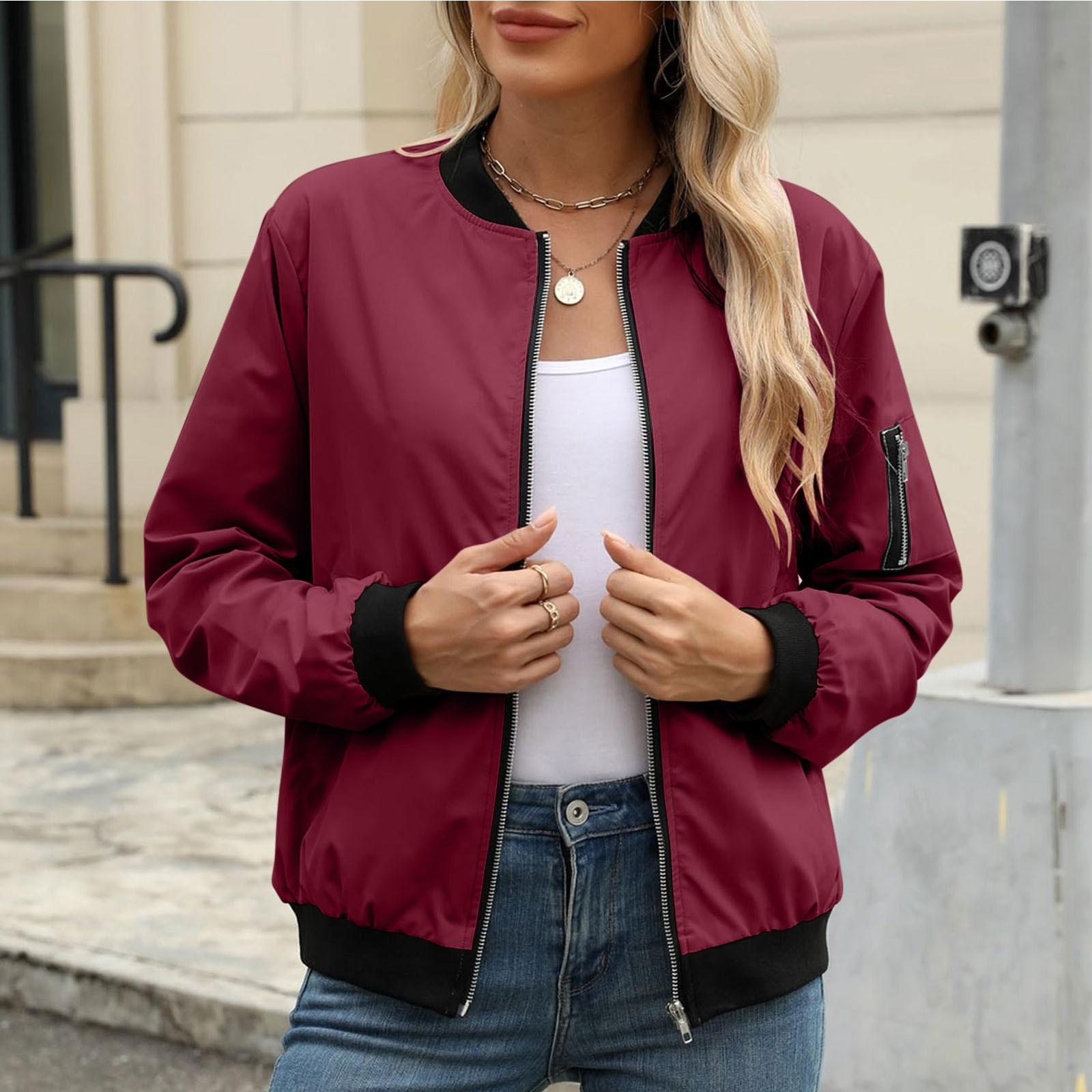 

Женская свободная удобная повседневная модная однотонная куртка с длинными рукавами и карманом на молнии XXL красный