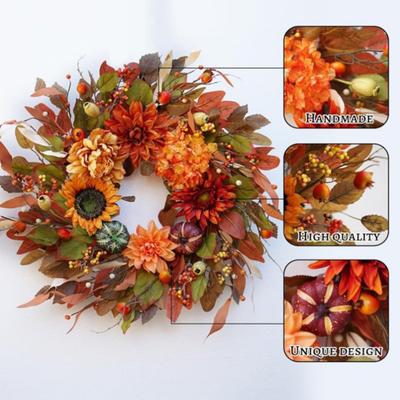 Yousheng Autumn Peony Pumpkin Wreath Artificial Twig Garland Vintage Floral Garland Seasonal Door Hanger for Thanksgiving Harvest Decor