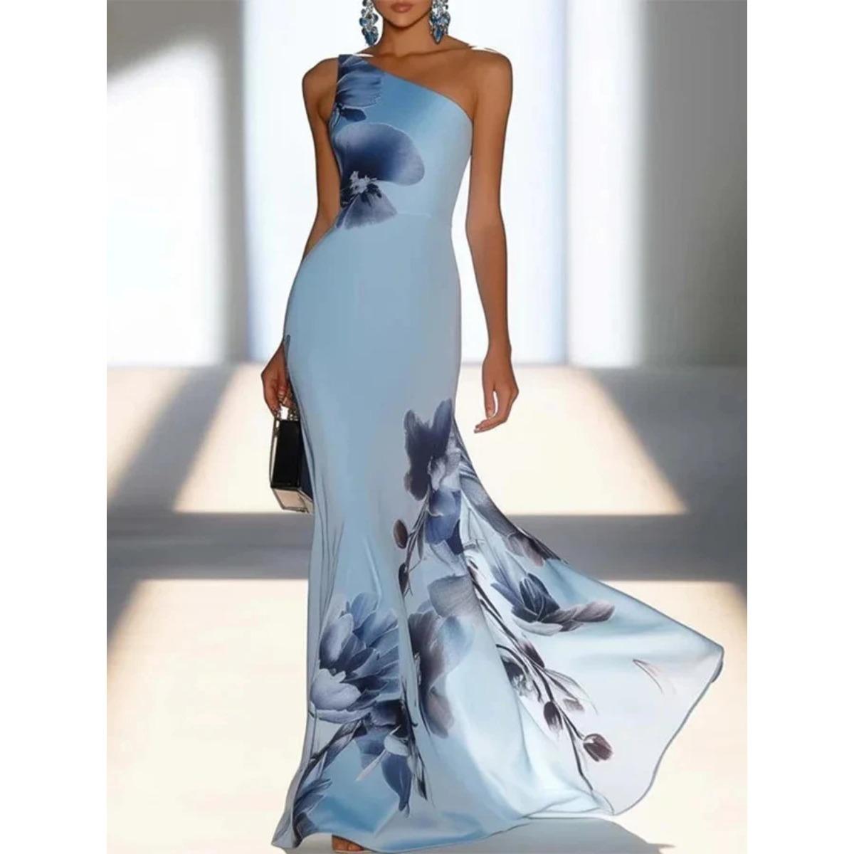 Women s One Shoulder Sleeveless Floral Print Maxi Dress Slim Fit High Waist Elegant Evening Gown S светло-синий