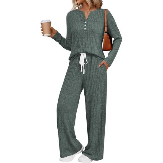Women's 2 Piece Lounge Outfits Casual Long Sleeve Top Wide Leg Pants Pajamas Set Ribbed Sweater Sleepwear