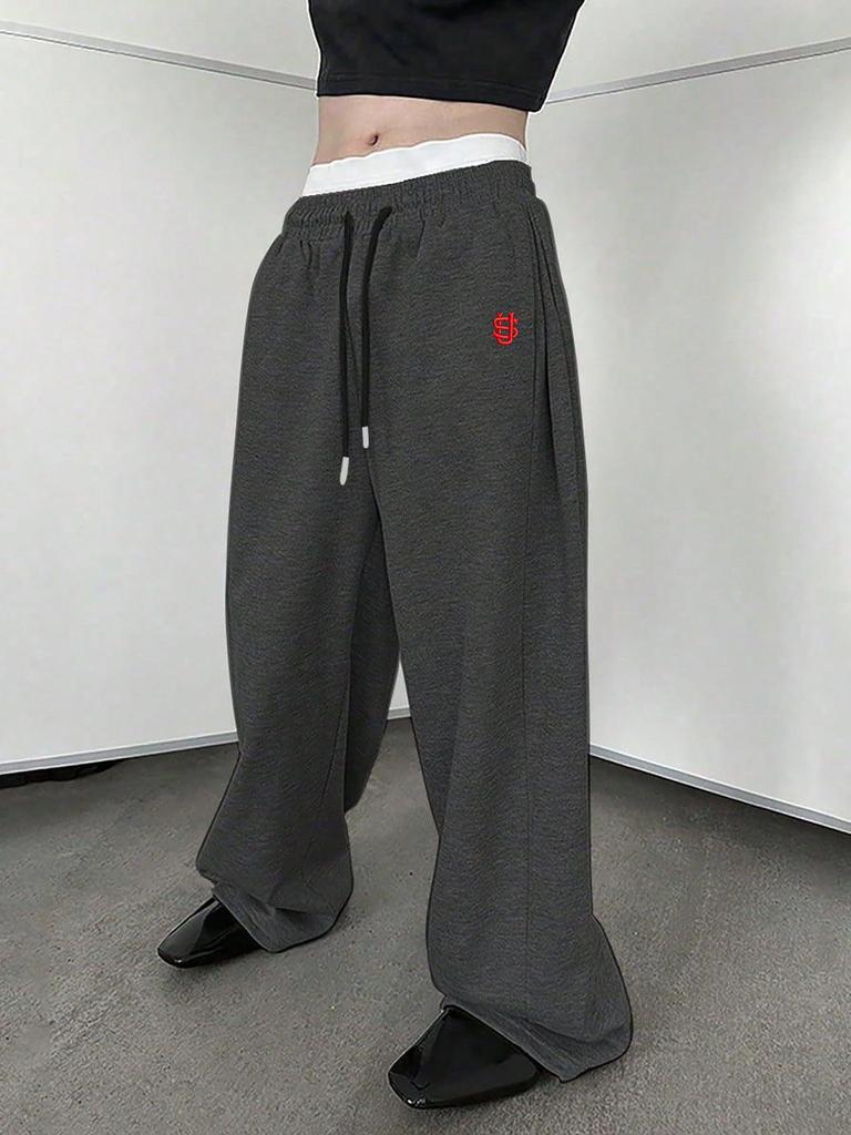 Men's Cross-Border Embroidered Sweatpants: Casual Wide-Leg, Autumn/Winter, Plus Velvet