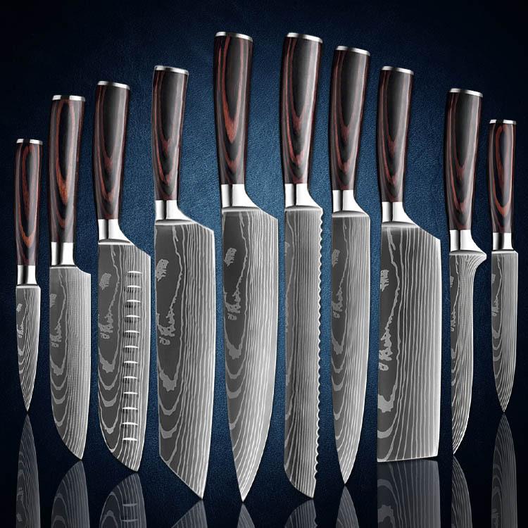 10 sztuk noże kuchenne ze stali nierdzewnej 7CR17 440C laserowy damasceński japoński tasak Santoku narzędzie do krojenia nóż szefa kuchni