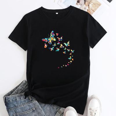 Summer Round Neck Butterfly Print Top Fashionable Casual Short Sleeved Women's Pure Cotton T-shirts