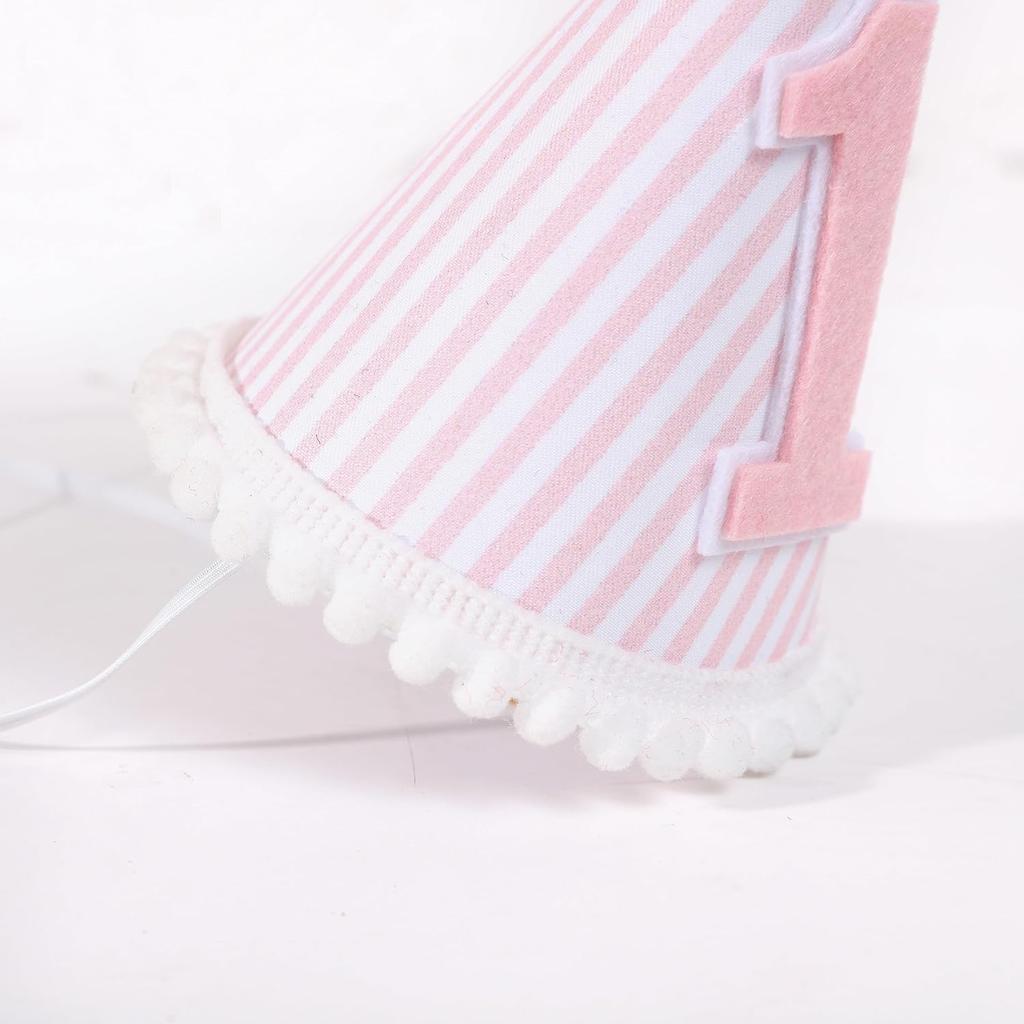 Pink & White First Birthday Party Hat - Girl's 1st Birthday Crown with Photo Props for Decorations and Dressing
