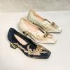 Retro Metal Buckle Square Toe New Chinese Embroidered Flower Block Heel Single Shoes Women's National Style Soft Sole Shoes