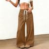 Womens Suede Wide Leg Pants Elastic Waist Loose Fit Trousers Drawstring Waistband with Pockets Casual Style Long Pants