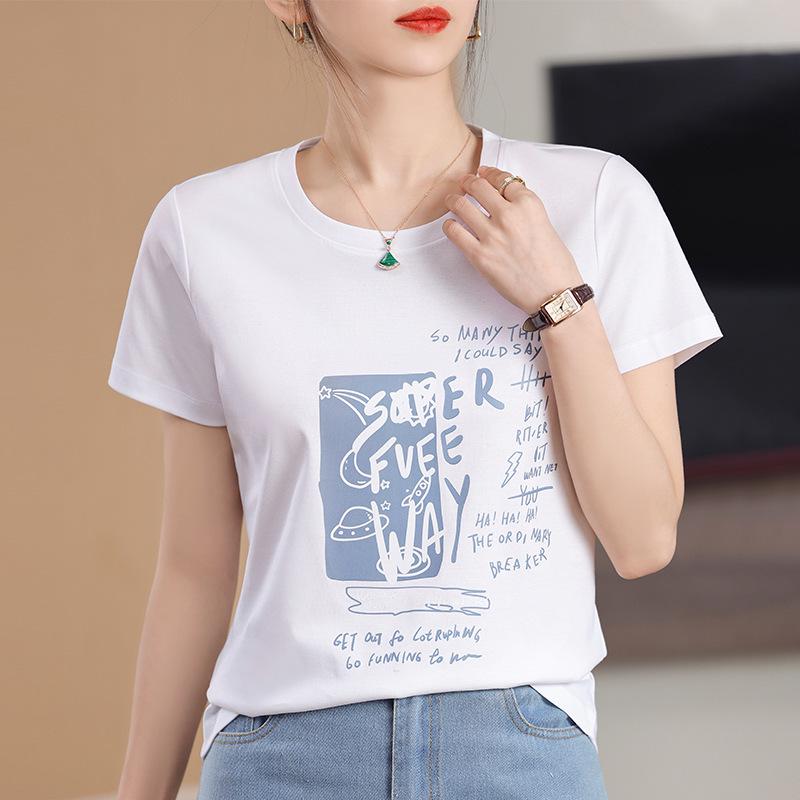 

Женская летняя свободная футболка из мерсеризованного хлопка с круглым вырезом и короткими рукавами и буквенным принтом M белый