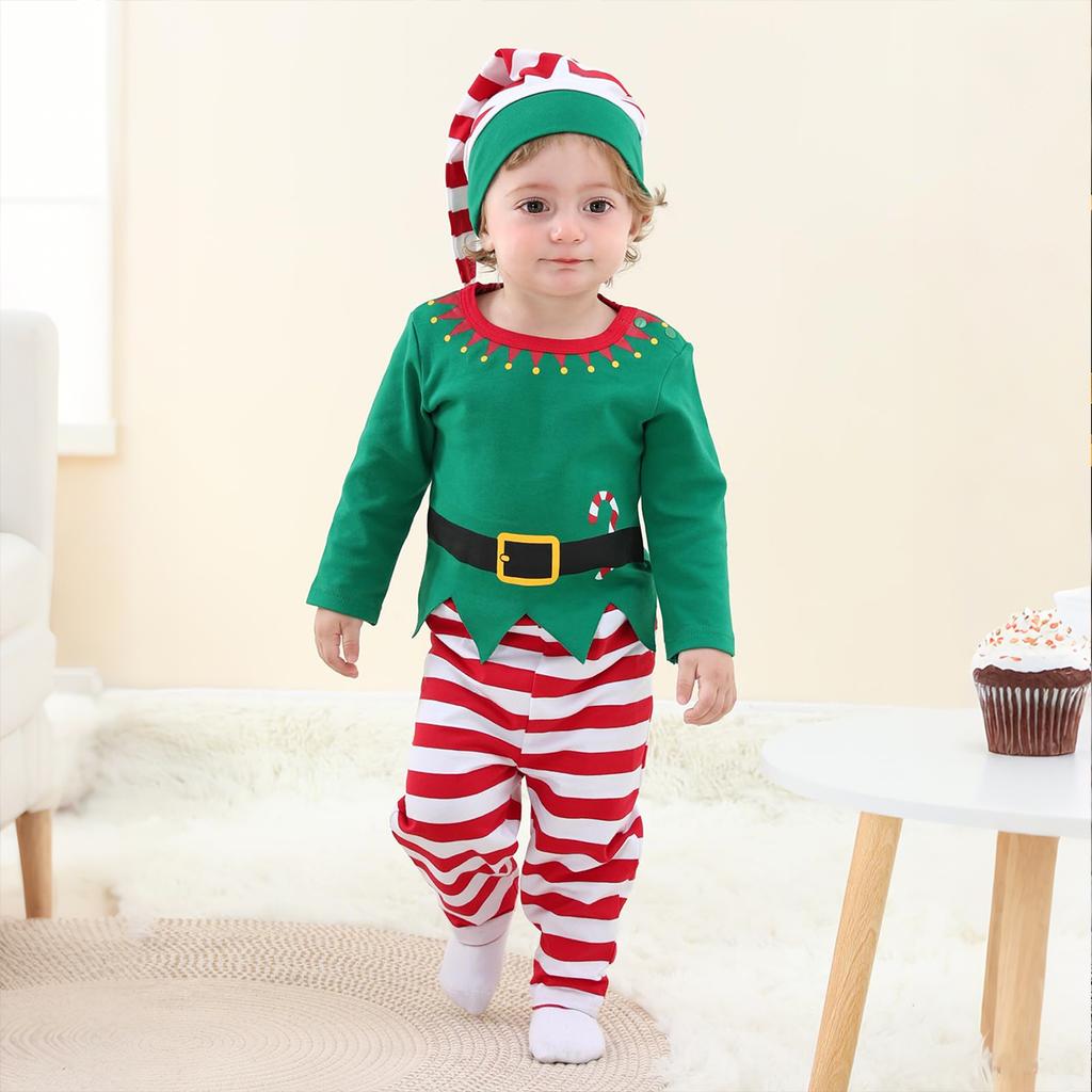 Baby Christmas Elf Costume Green Clothing Set Toddler Boys Girls Tops Pants Hat Xmas New Year Party Fancy Dress Clothes Outfits