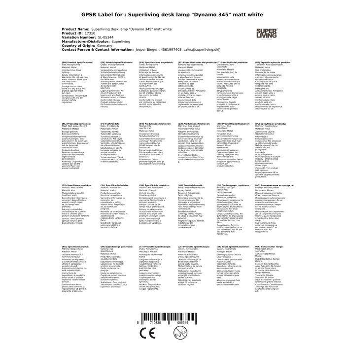 Lampe de bureau - SUPERLIVING - Dynamo 345 - Blanc mat - Métal - Articulée