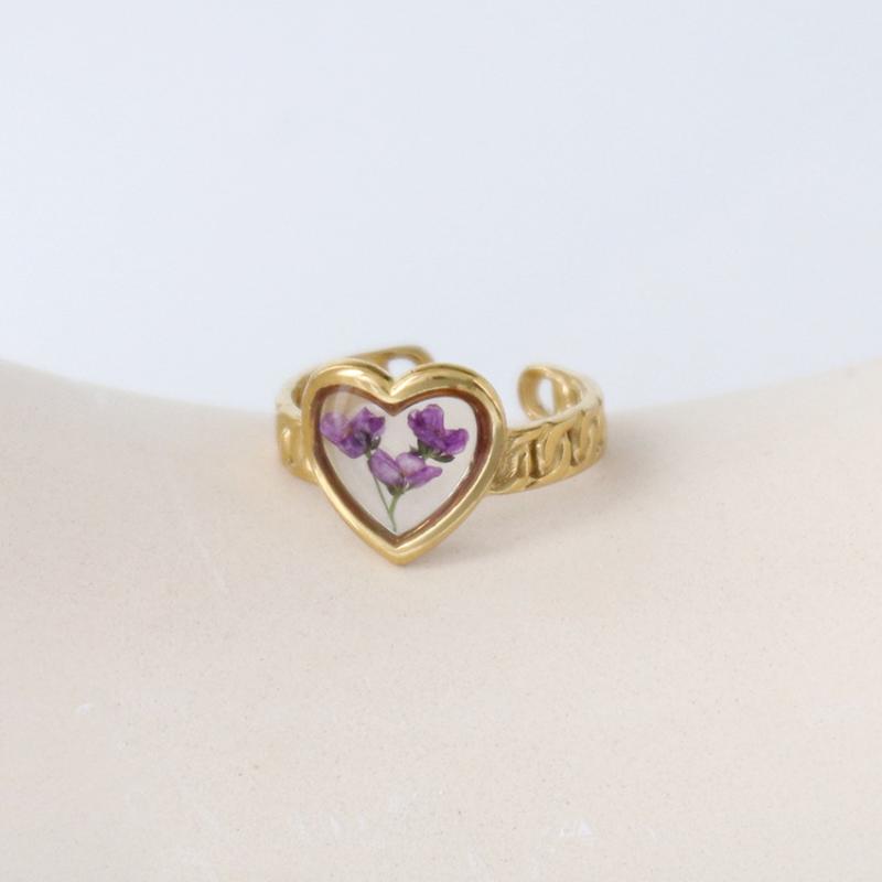 

Stainless Steel Dried Flower Love Heart Ring For Women Flower Open Finger Ring Jewelry Wedding Band Gift A3