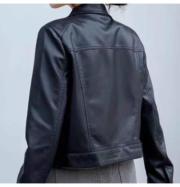 Women's Petite High-Waisted Short Leather Jacket for Autumn/Winter 2025: New Arrival Lapel Motorcycle Outerwear